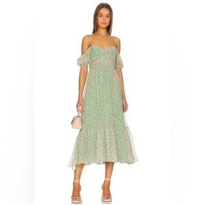 Bardot Fauna Cold Shoulder Ruched Bodice Floral Midi Flare Dress Green NWT